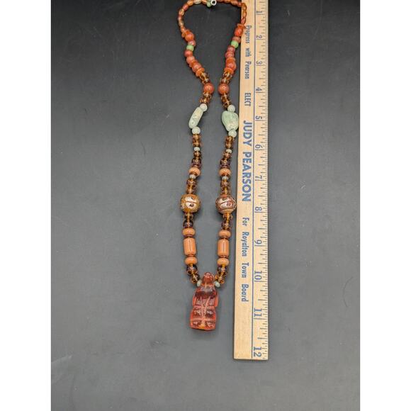 Antique Silver Clasp & Hand Carved Carnelian Beads Necklace  Vintage 925 Sterling Silver Carved Amber Bear Necklace Jade & Carnelian Beads